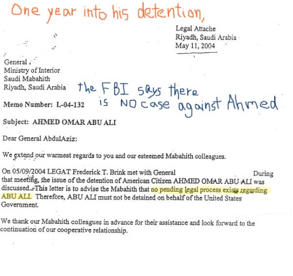 في الوثيقة المسربة المرسلة الى المباحث السعودية تذكر فيها السلطات الأمريكية قولها : لا وجود لإجراءات قانوينة معلقة بخصوص أبو علي، لذلك لا يجب أن يعتقل أبو علي من طرف الحكومة الأمريكية.