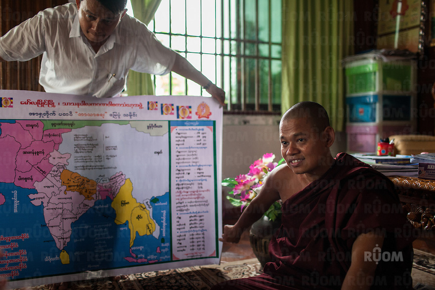 Monk Wimala, one of the founder of 969 movement, shows a propagandic map in his Monastery in Mawlamyine. They believe that some arabs countries are financing the Burmese Muslims in order to overcome the Buddhist majority. 17 June 2013 © Nicolas Axelrod / Ruom