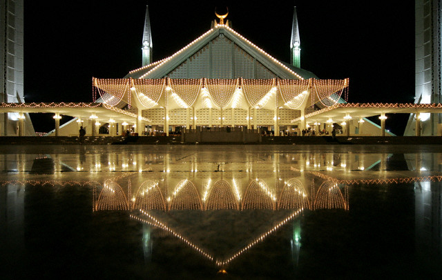 Pakistan's Faisal mosque is bathed in light on the twenty-seventh night of the fasting month of Ramadan in Islamabad